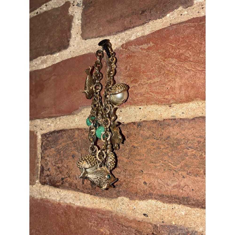 Vintage Charm Bracelet Fish Ocean Beach Theme‎ Green Beads Pearl Dangle